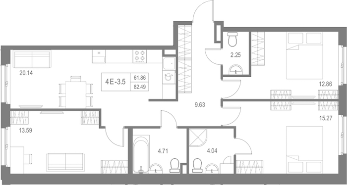 3-комнатная квартира 82.49 м², 6/17 эт., Комплекс апартаментов «Zoom на Неве»